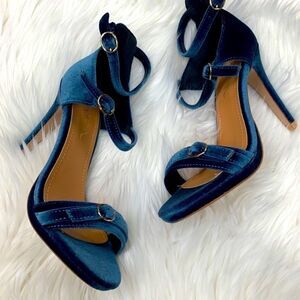Blue Velvet Strappy Heels with Gold Metal Detail